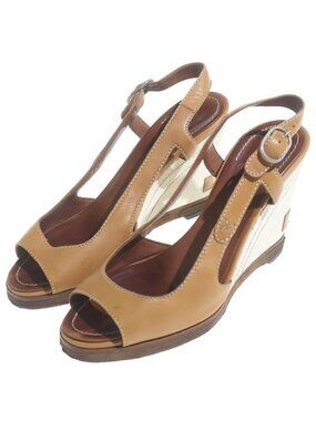 Chanel Wedge Saw Leather Sandals Logo Brown White